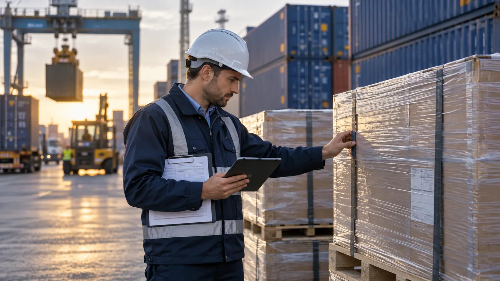 Cargo surveyor inspecting palletized goods beside shipping containers