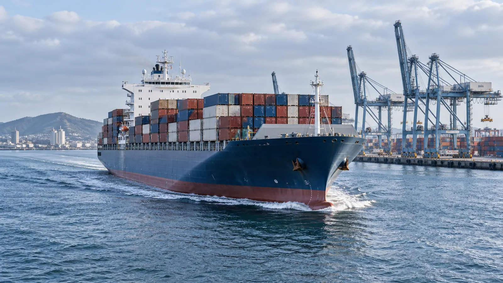 Container cargo ship beside an international seaport